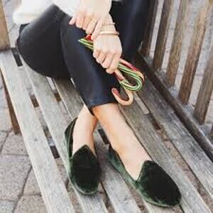 Birdies Olive Green Crushed Velvet Heron‎ Slip On Loafers Preppy Work Size 7